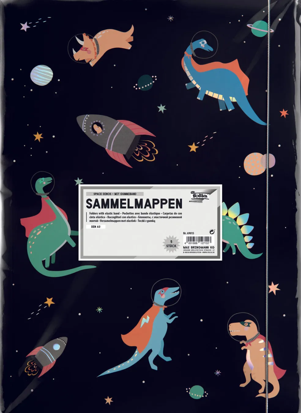 Kulmakuminauhakansio A3 Space Dino kuminauhalla