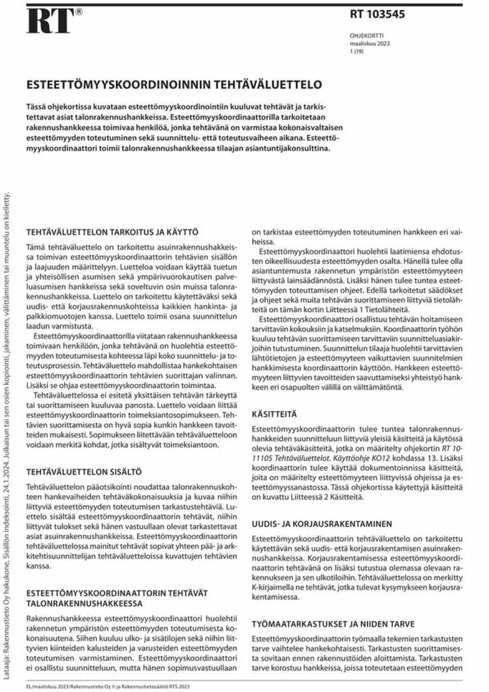 RT 103545, Esteettömyyskoordinoinnin tehtäväluettelo